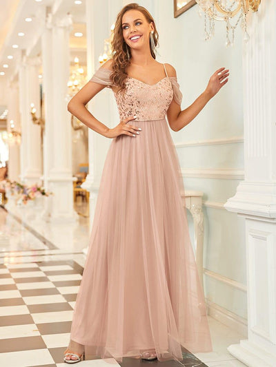 A-Line Sweetheart Neckline Ruffle Sleeve Tulle Bridesmaid Dress With Sequin #color_Rose Gold