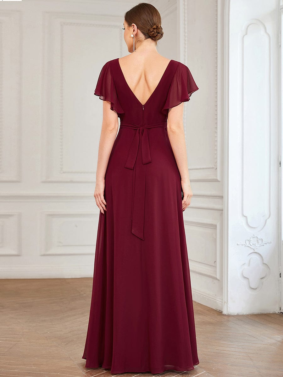 Short Flutter Sleeve Pleated Floor Length Evening Dress #color_Burgundy