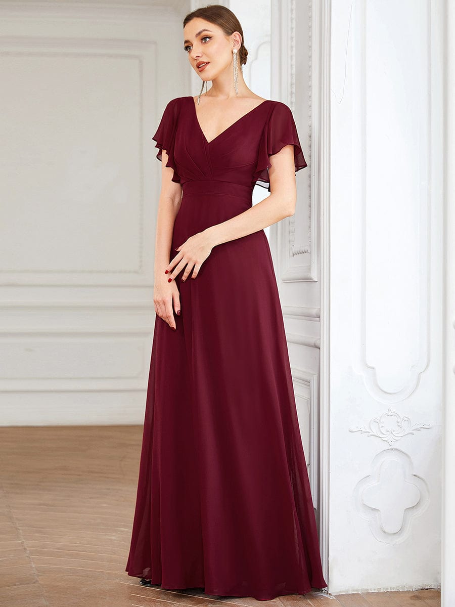 Custom Size Short Flutter Sleeve Pleated Floor Length Bridesmaid Dress