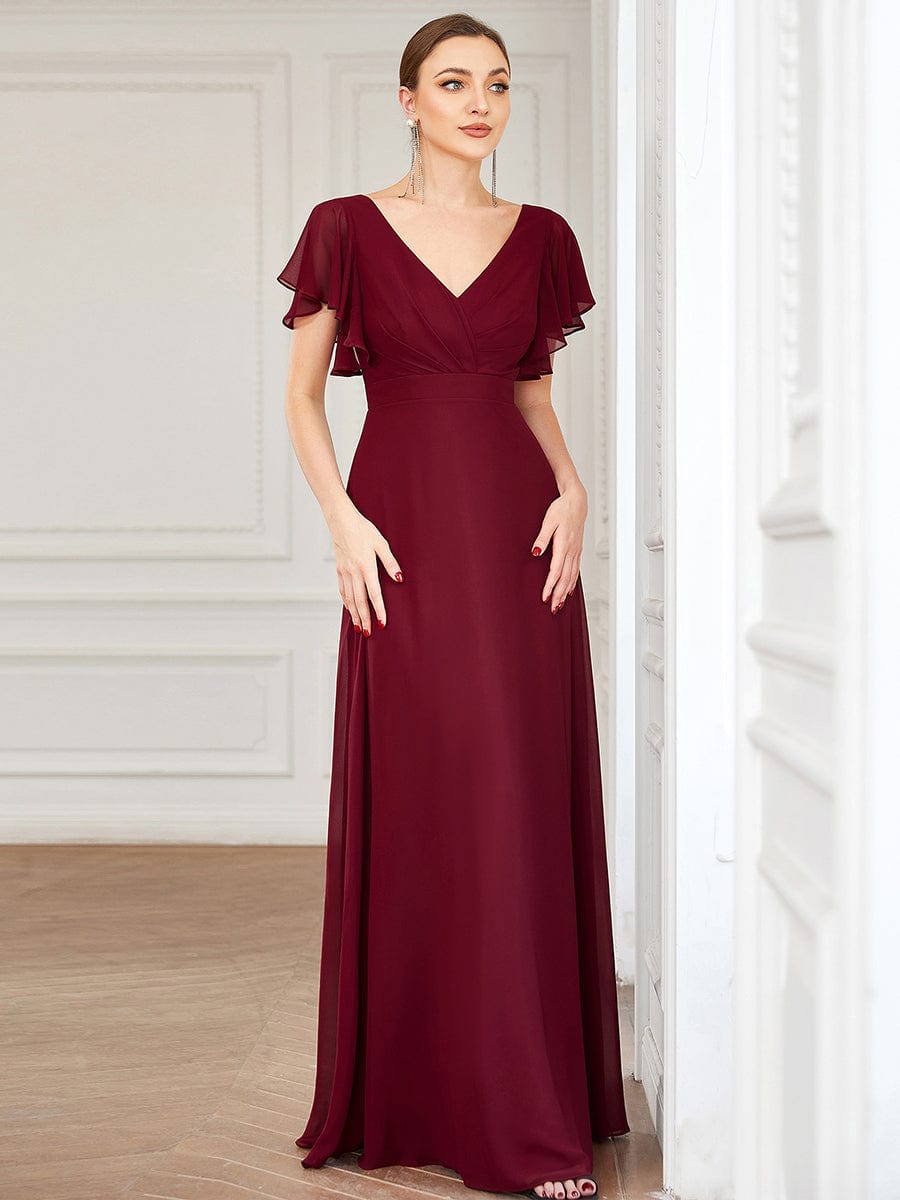 Custom Size Short Flutter Sleeve Pleated Floor Length Bridesmaid Dress