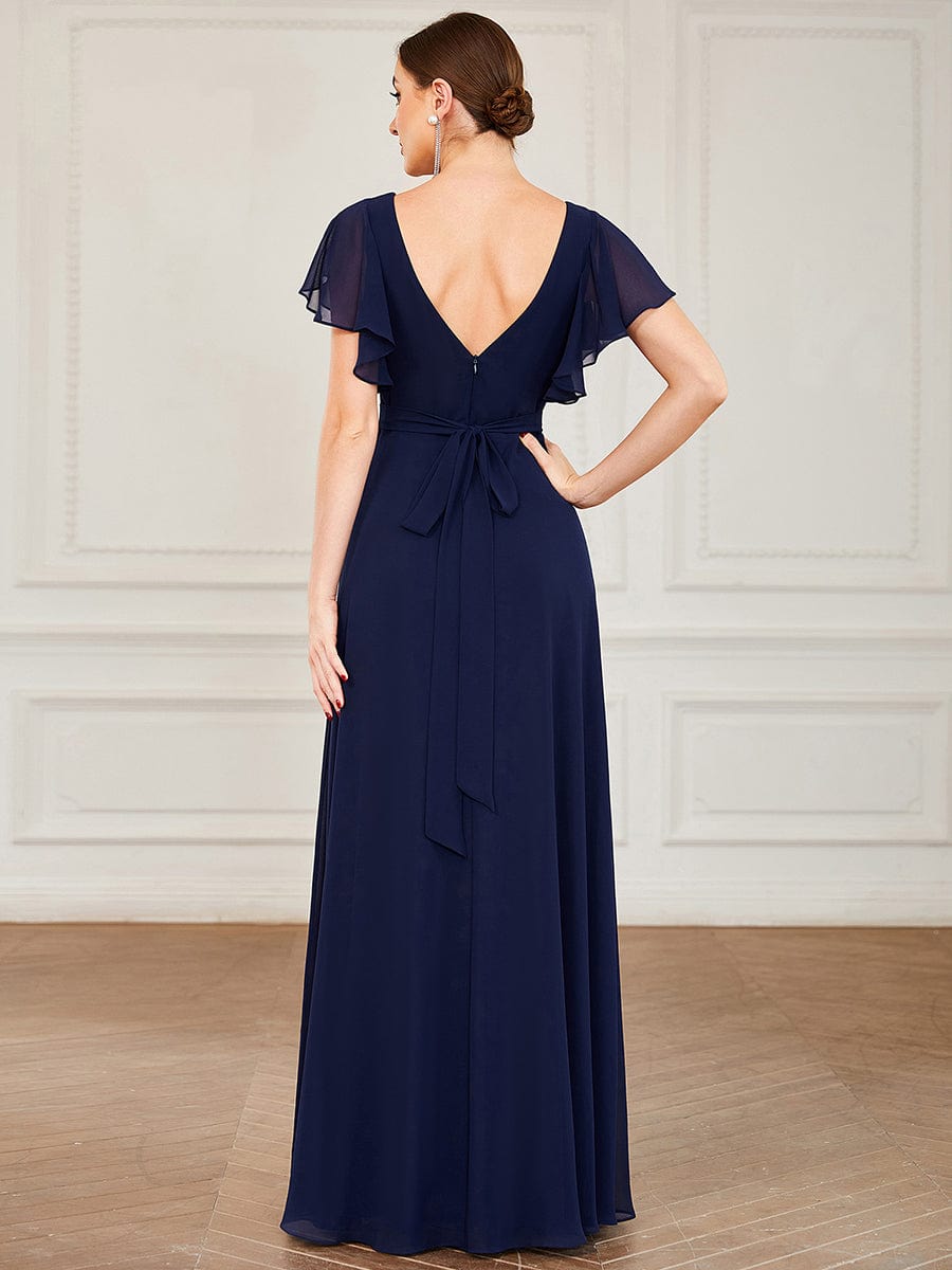 Custom Size Short Flutter Sleeve Pleated Floor Length Bridesmaid Dress