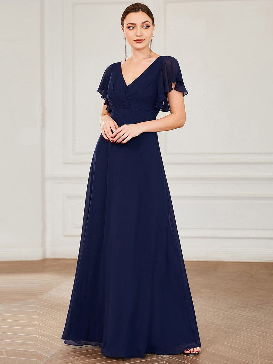 Custom Size Short Flutter Sleeve Pleated Floor Length Bridesmaid Dress