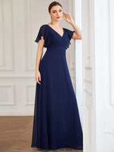 Short Flutter Sleeve Pleated Floor Length Evening Dress #color_Navy Blue