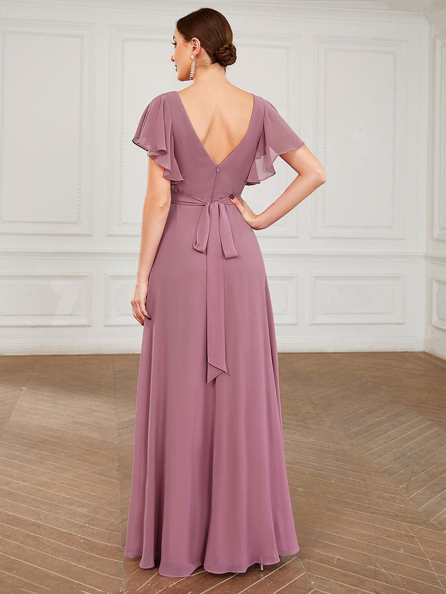 Custom Size Short Flutter Sleeve Pleated Floor Length Bridesmaid Dress