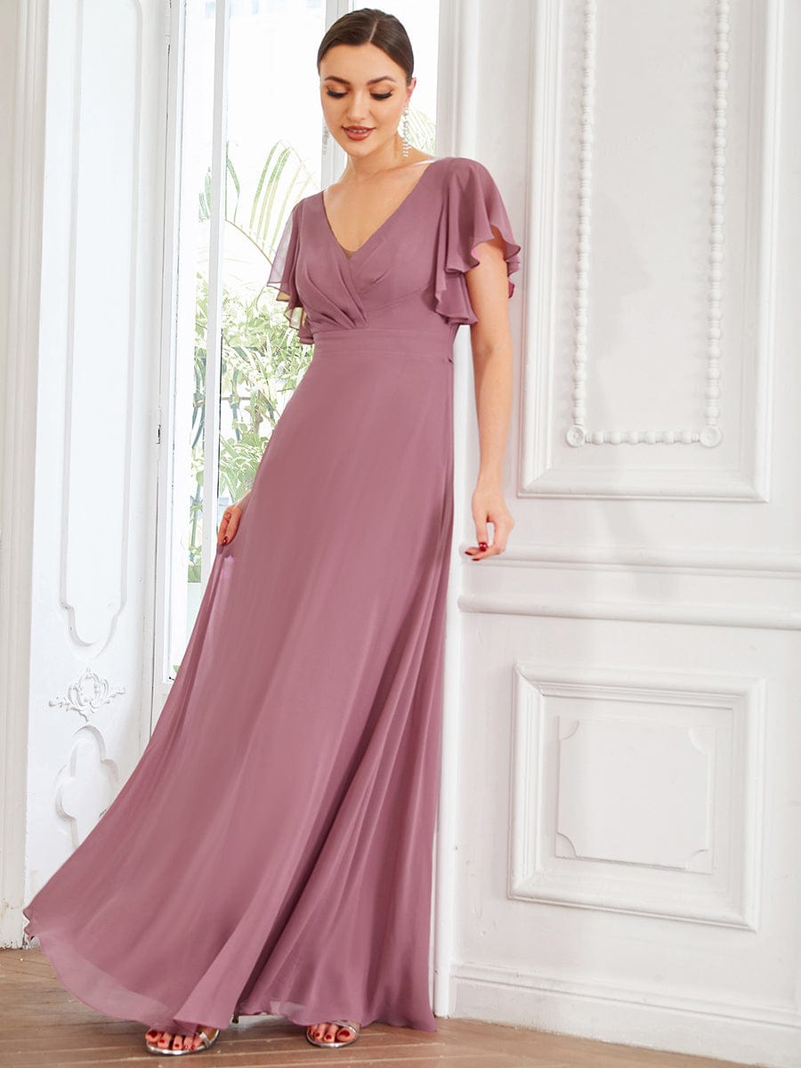 Custom Size Short Flutter Sleeve Pleated Floor Length Bridesmaid Dress