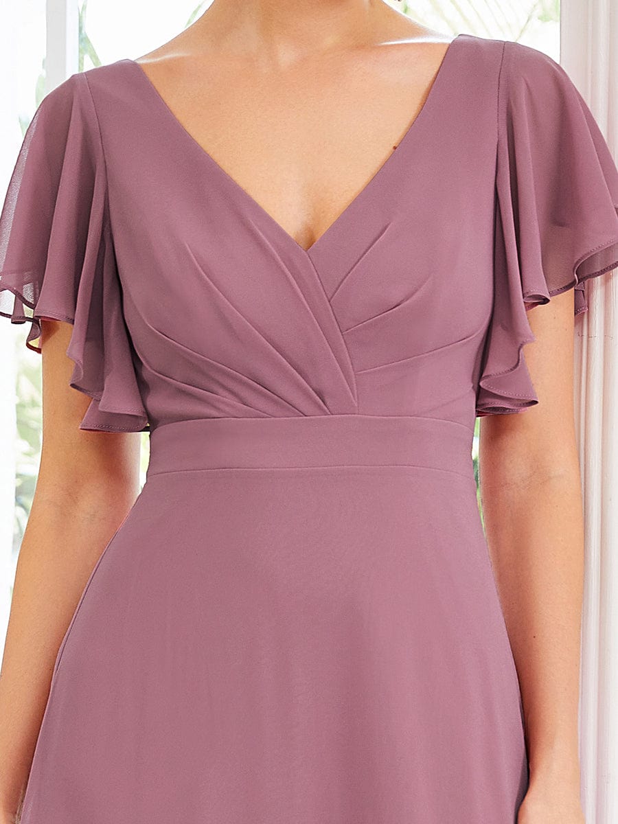 Custom Size Short Flutter Sleeve Pleated Floor Length Bridesmaid Dress