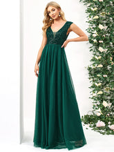 Sleeveless Sequin V-Neck Pleated Long Evening Dress #color_Dark Green