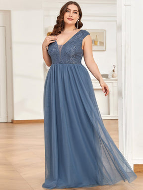 Custom Size Sequin Illusion Plunging V-Neckline Sleeveless A-Line Tulle Evening Dress