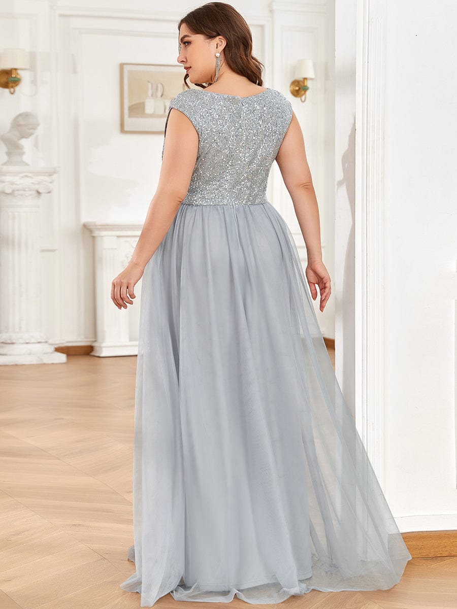 Custom Size Sequin Illusion Plunging V-Neckline Sleeveless A-Line Tulle Evening Dress #color_Grey 