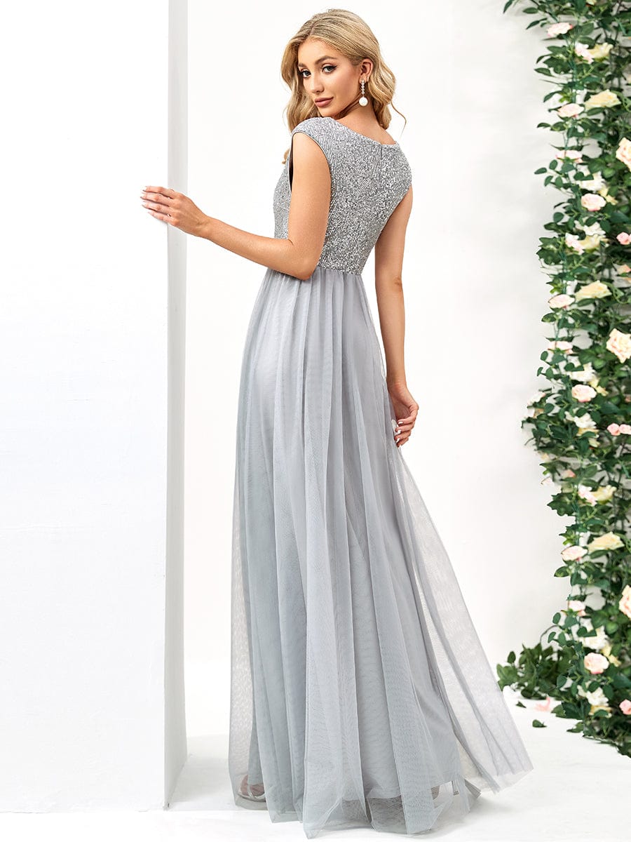 Sleeveless Sequin V-Neck Pleated Long Evening Dress #color_Grey