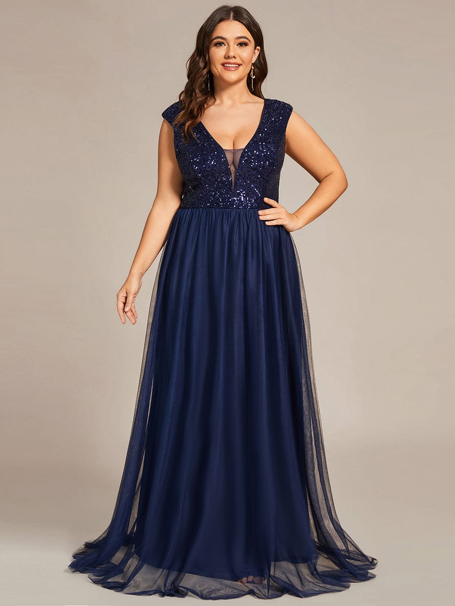 Custom Size Sequin Illusion Plunging V-Neckline Sleeveless A-Line Tulle Evening Dress #color_Navy Blue 