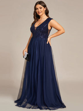 Custom Size Sequin Illusion Plunging V-Neckline Sleeveless A-Line Tulle Evening Dress