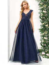 Sleeveless Sequin V-Neck Pleated Long Evening Dress #color_Navy Blue