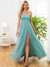 Front Slit Tulle High Slit Strapless Tube A-Line Evening Dress #color_Dusty Blue