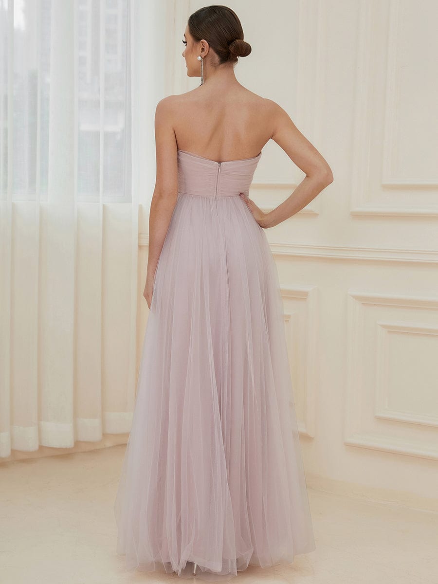Front Slit Tulle High Slit Strapless Tube A-Line Evening Dress