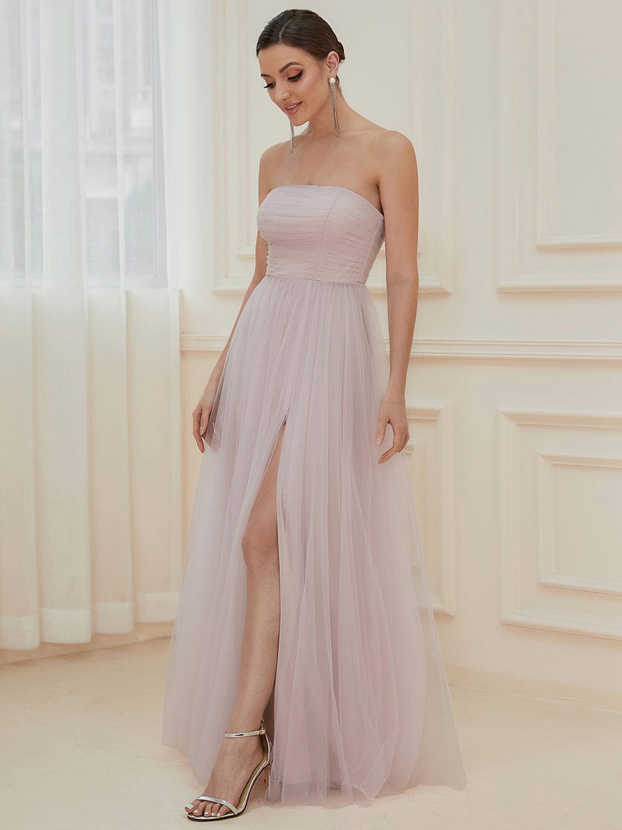 Front Slit Tulle High Slit Strapless Tube A-Line Evening Dress