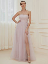 Front Slit Tulle High Slit Strapless Tube A-Line Evening Dress #color_Lilac