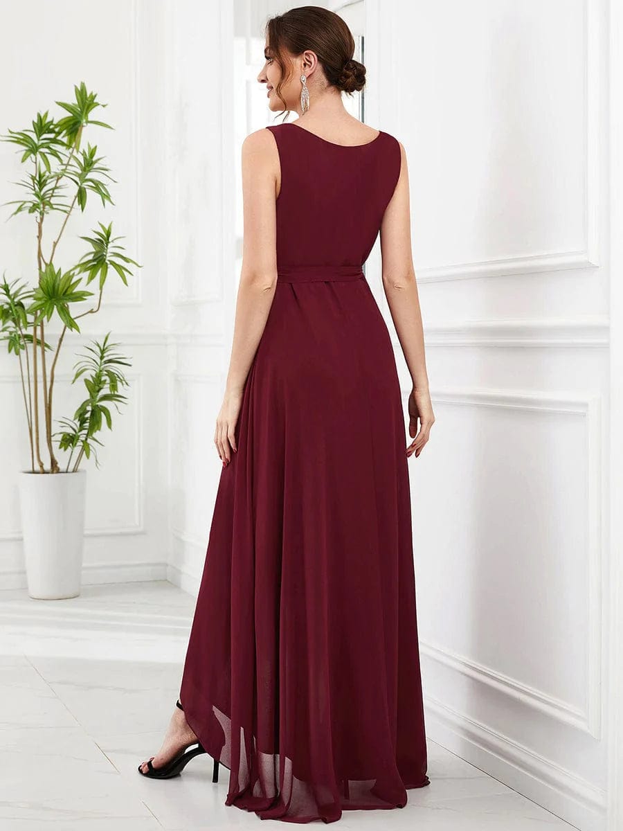 Sleeveless V-Neck Chiffon A-Line Layered Front Slit Evening Dress #Color_Burgundy