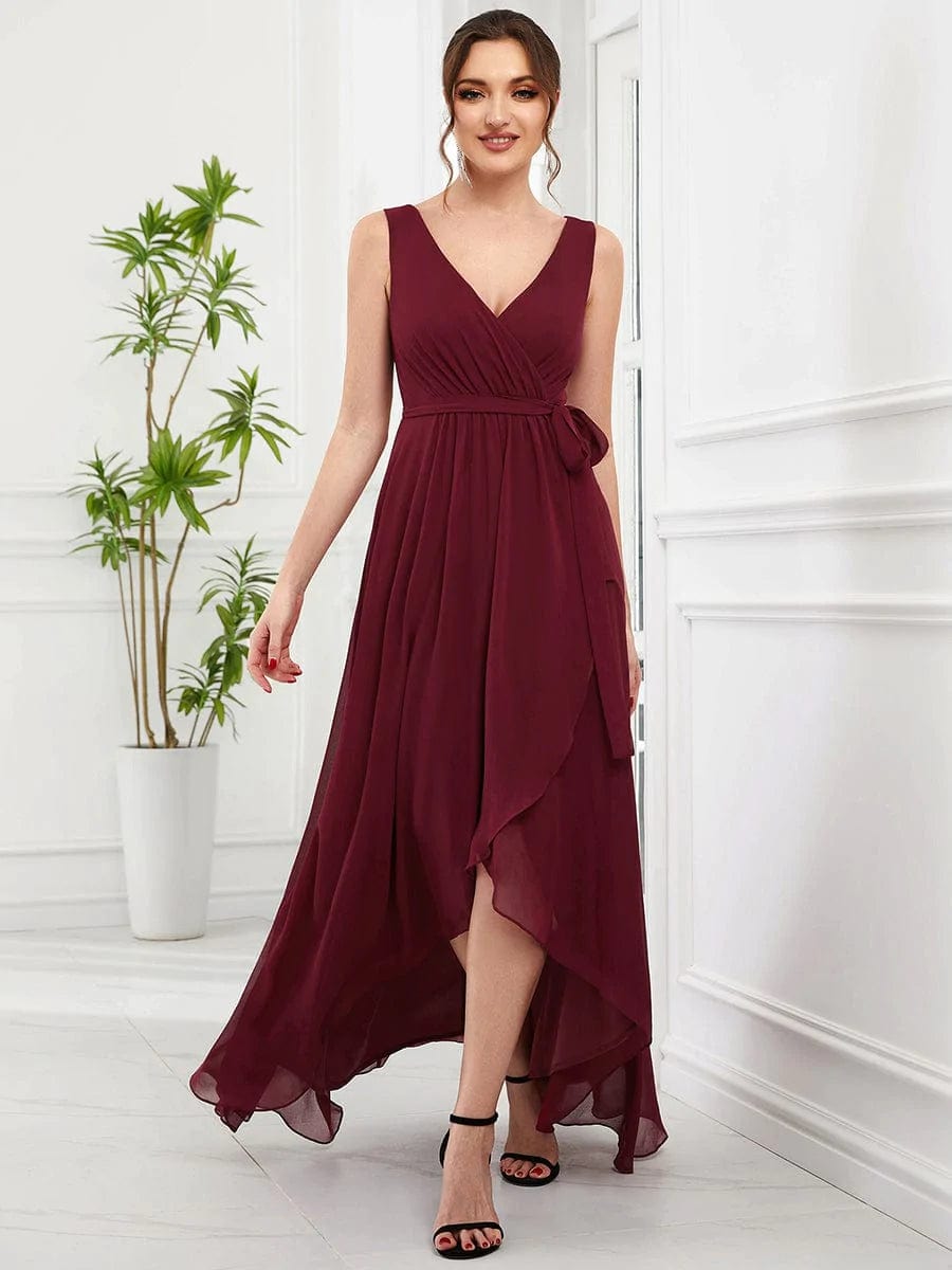 Sleeveless V-Neck Chiffon A-Line Layered Front Slit Evening Dress