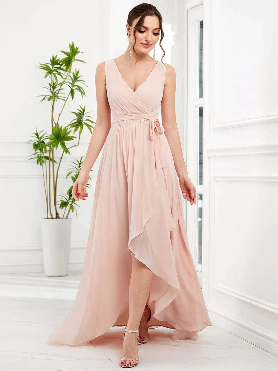 Sleeveless V-Neck Chiffon A-Line Layered Front Slit Evening Dress #Color_Pink