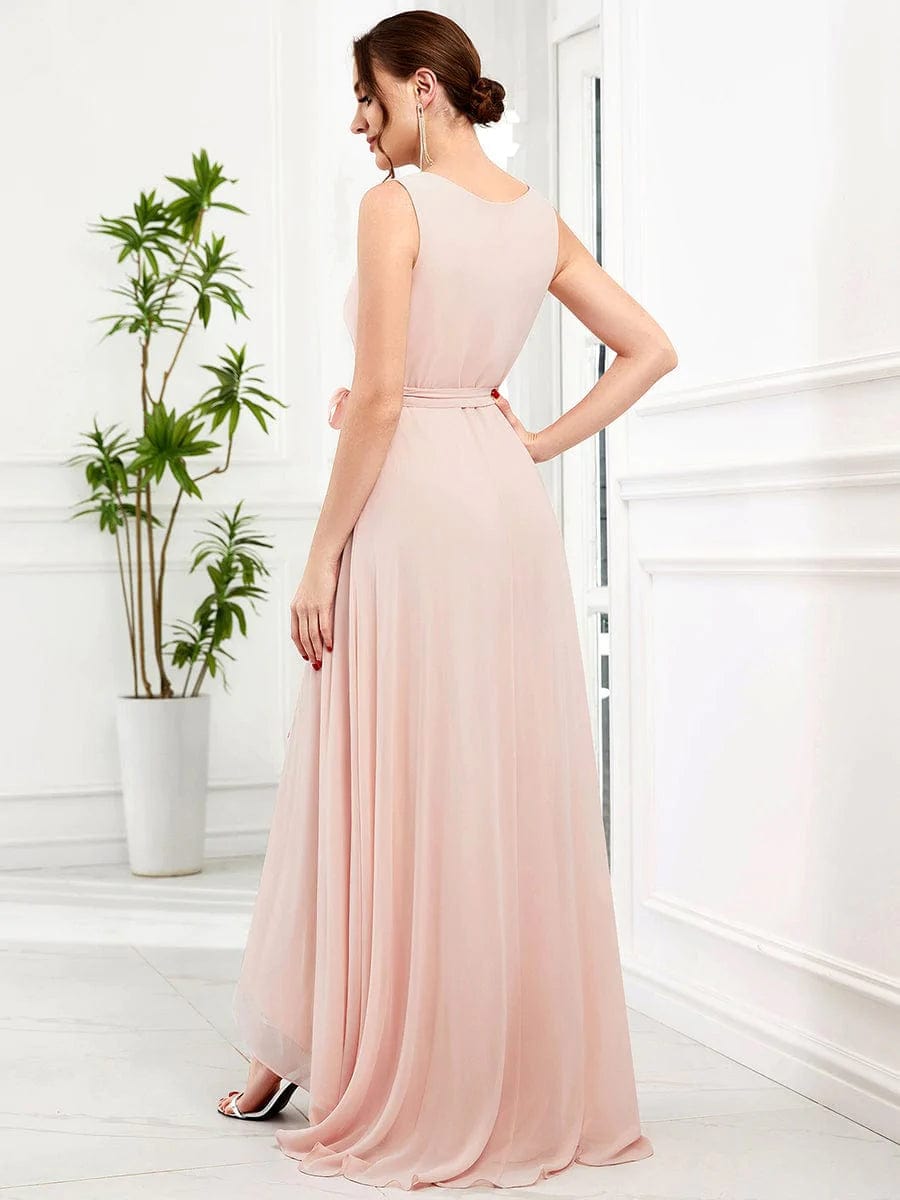 Sleeveless V-Neck Chiffon A-Line Layered Front Slit Evening Dress #Color_Pink