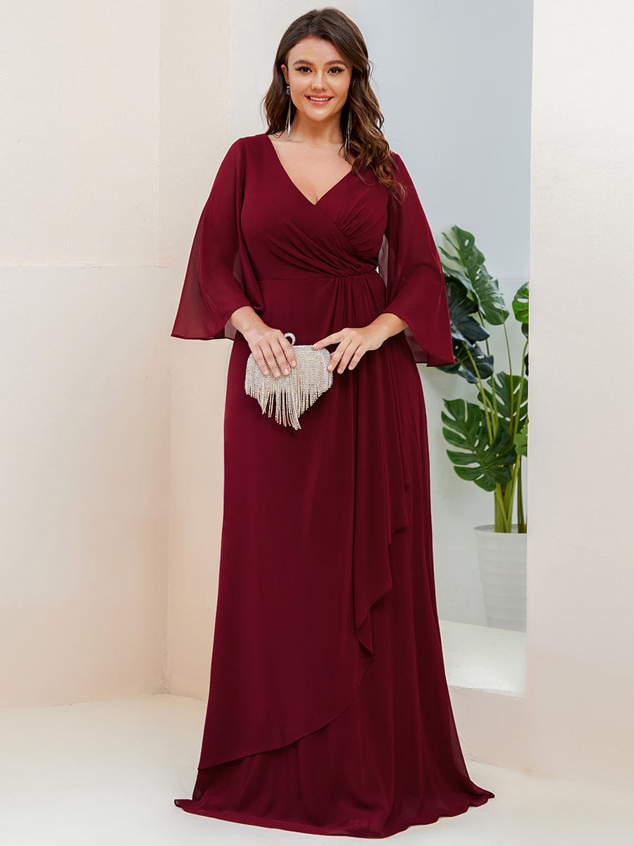 Plus Size Pleated Split Sleeve V-neck A-Line Chiffon Evening Dress #Color_Burgundy