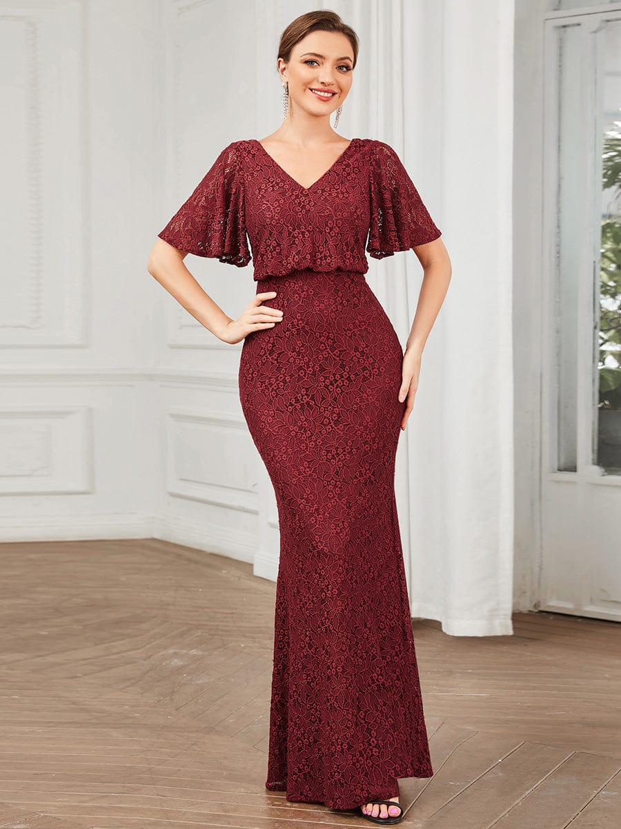 Embroidered Lace Short Cape Sleeve Bodycon Evening Dress #Color_Burgundy