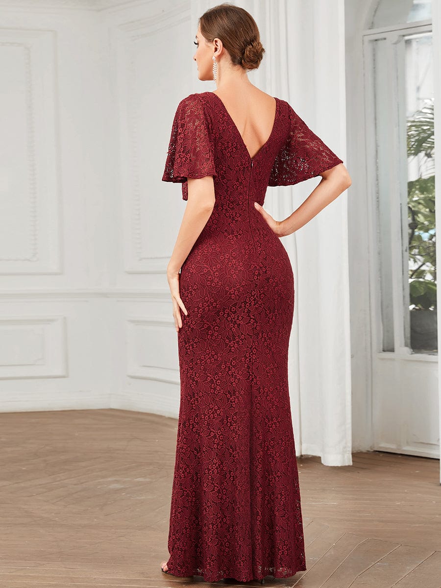 Embroidered Lace Short Cape Sleeve Bodycon Evening Dress #Color_Burgundy