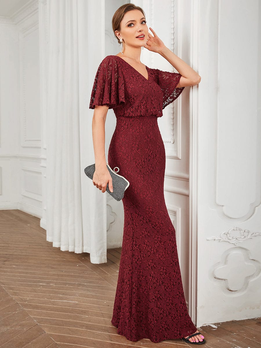 Embroidered Lace Short Cape Sleeve Bodycon Evening Dress
