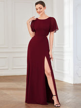High Slit Flutter Sleeve Lace Up Chiffon Evening Dress #Color_Burgundy