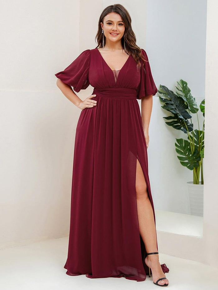 Cap Sleeves V-neck Chiffon Dress with Slit Cabernet Plus Size main image 1