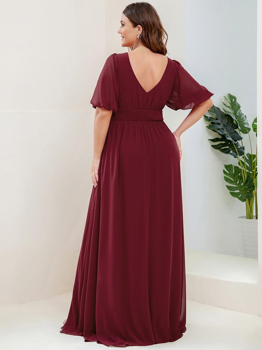 Custom Size Short Sleeve V-Neck Front Slit Chiffon Evening Dress #Color_Burgundy