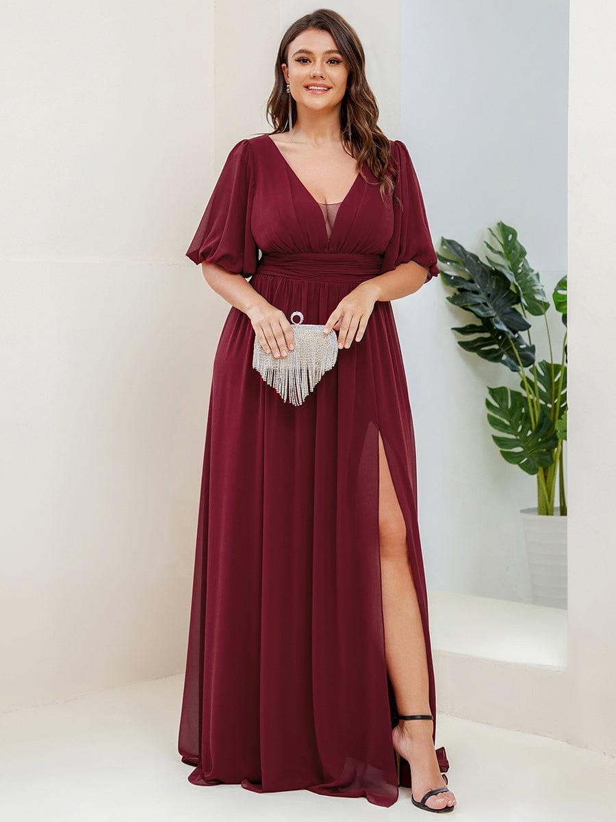 Custom Size Short Sleeve V-Neck Front Slit Chiffon Evening Dress #Color_Burgundy