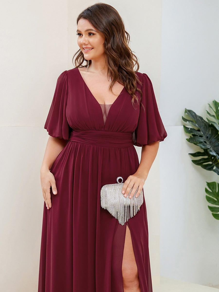 Custom Size Short Sleeve V-Neck Front Slit Chiffon Evening Dress #Color_Burgundy