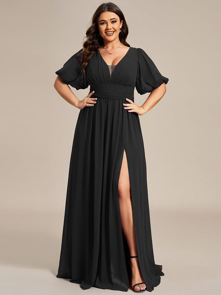 Short Sleeve V-Neck Front Slit Chiffon Evening Dress #Color_Black