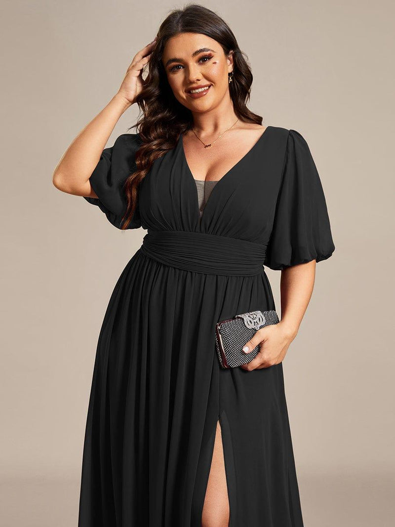 Long Queen's Gown Chiffon Dress with Slit and V Neck Brown Plus Size