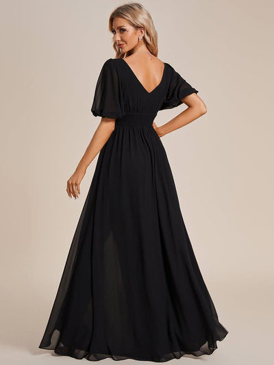 Short Sleeve V-Neck Front Slit Chiffon Evening Dress #Color_Black