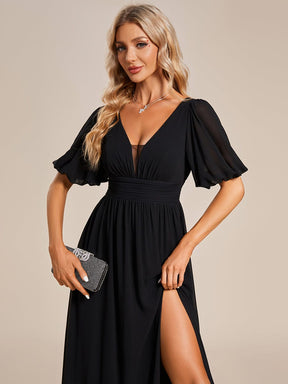 Short Sleeve V-Neck Front Slit Chiffon Evening Dress