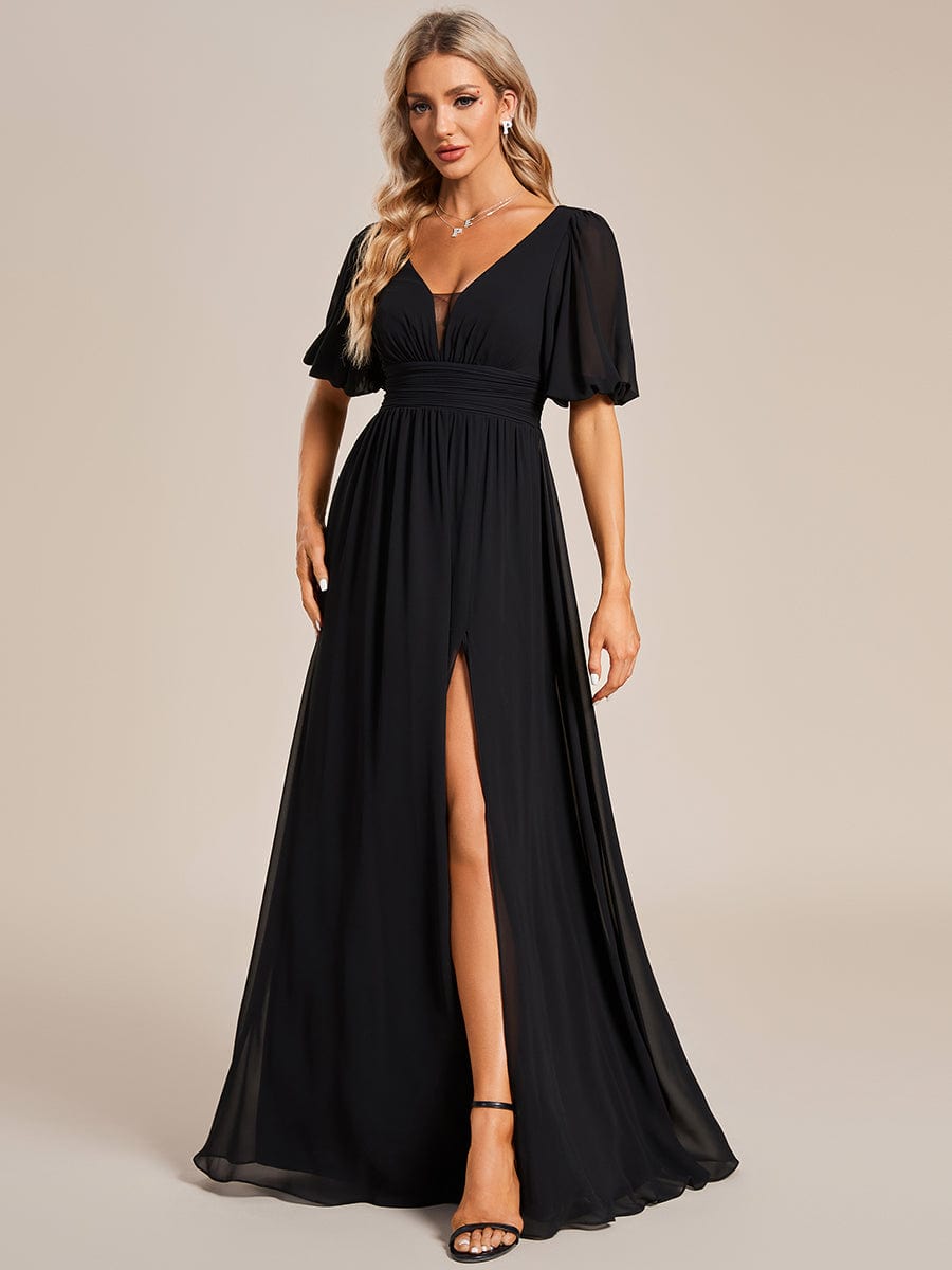 Short Sleeve V-Neck Front Slit Chiffon Evening Dress #Color_Black