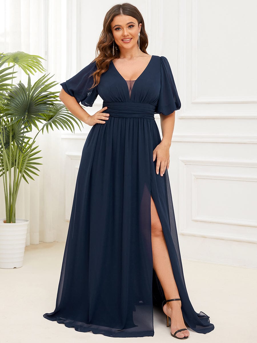 Short Sleeve V-Neck Front Slit Chiffon Evening Dress #Color_Navy Blue