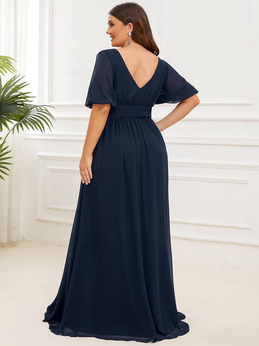 Short Sleeve V-Neck Front Slit Chiffon Evening Dress #Color_Navy Blue