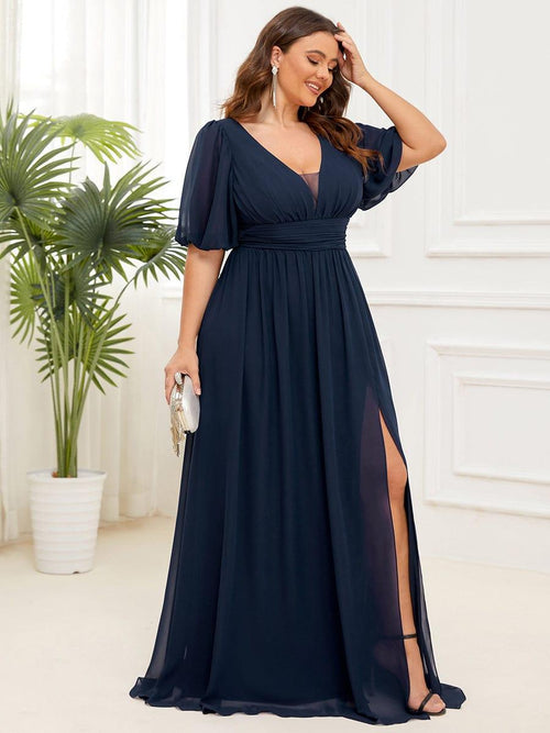 Long Queen's Gown Chiffon Dress with Slit and V Neck Coral Plus Size