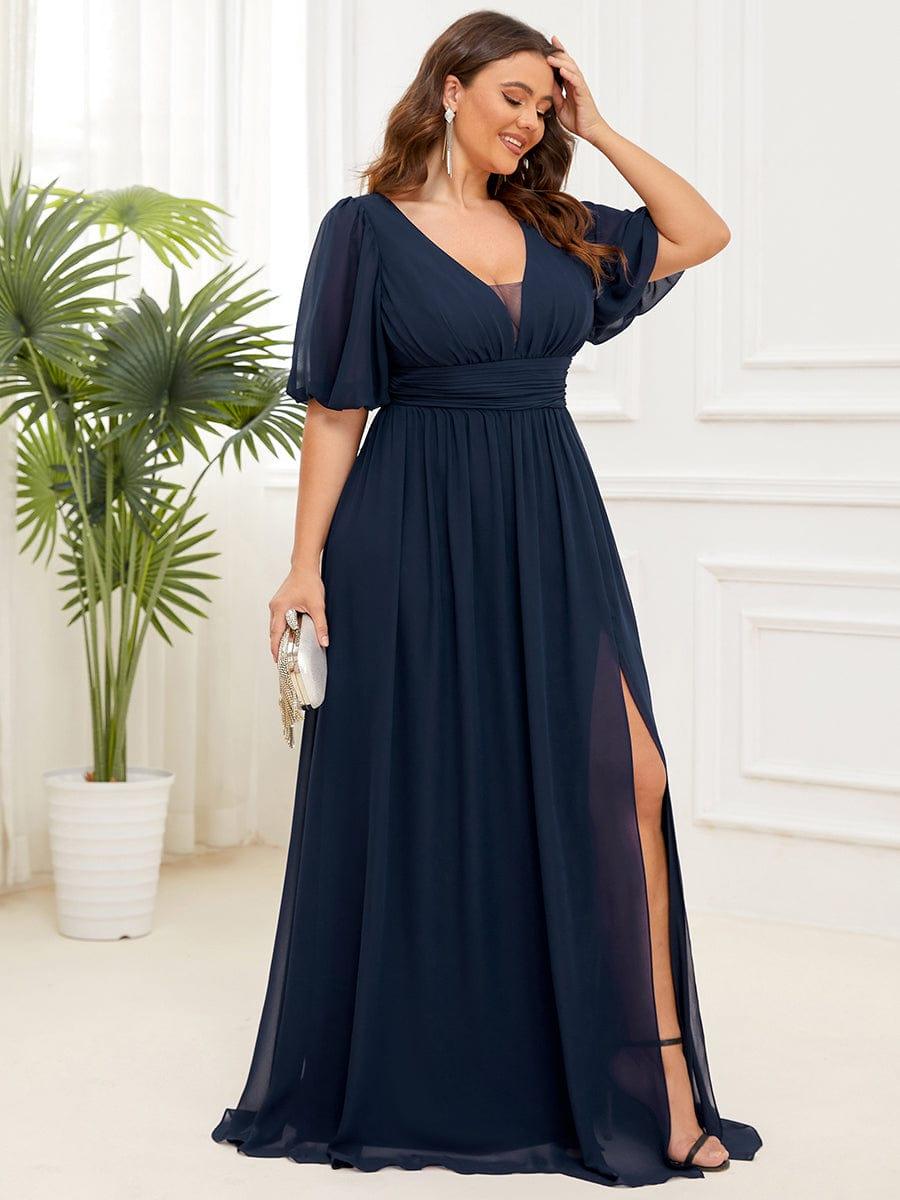 Plus Size Short Sleeve V-Neck Front Slit Chiffon Evening Dress