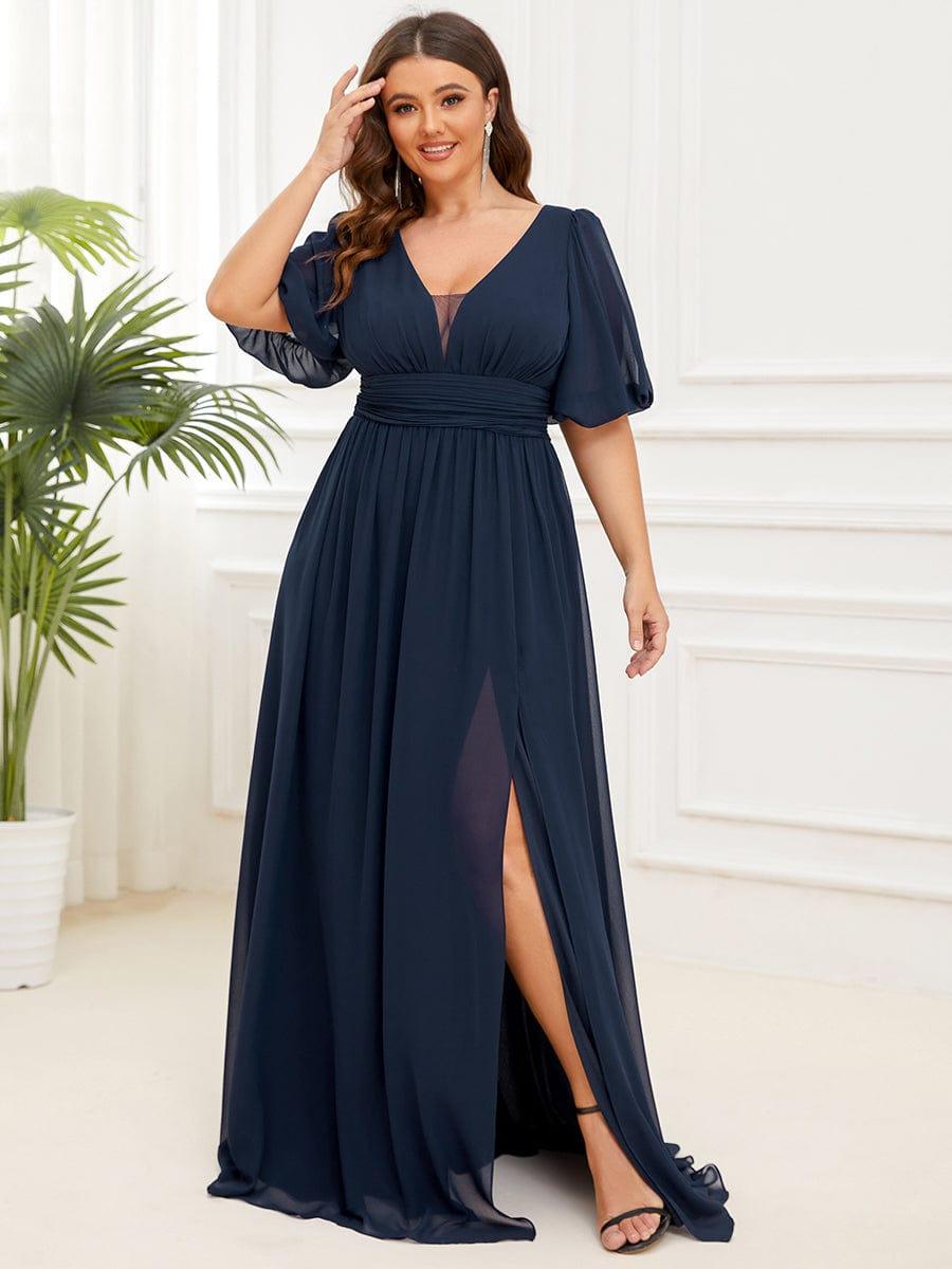 Custom Size Short Sleeve V-Neck Front Slit Chiffon Evening Dress #Color_Navy Blue