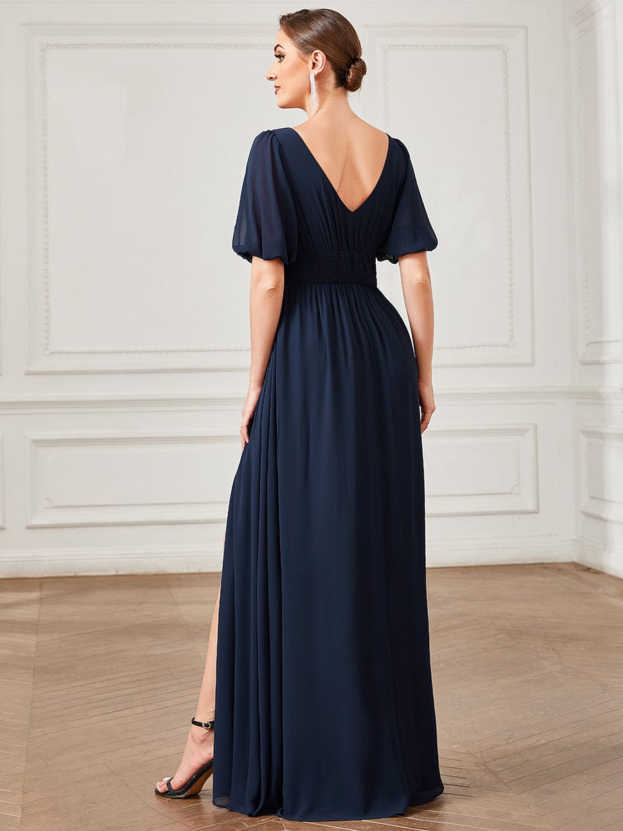Custom Size Short Sleeve V-Neck Front Slit Chiffon Evening Dress #Color_Navy Blue