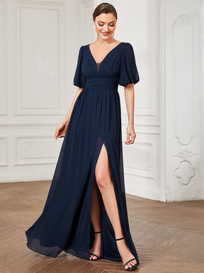 Custom Size Short Sleeve V-Neck Front Slit Chiffon Evening Dress