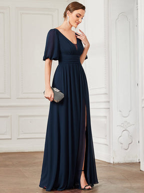 Custom Size Short Sleeve V-Neck Front Slit Chiffon Evening Dress