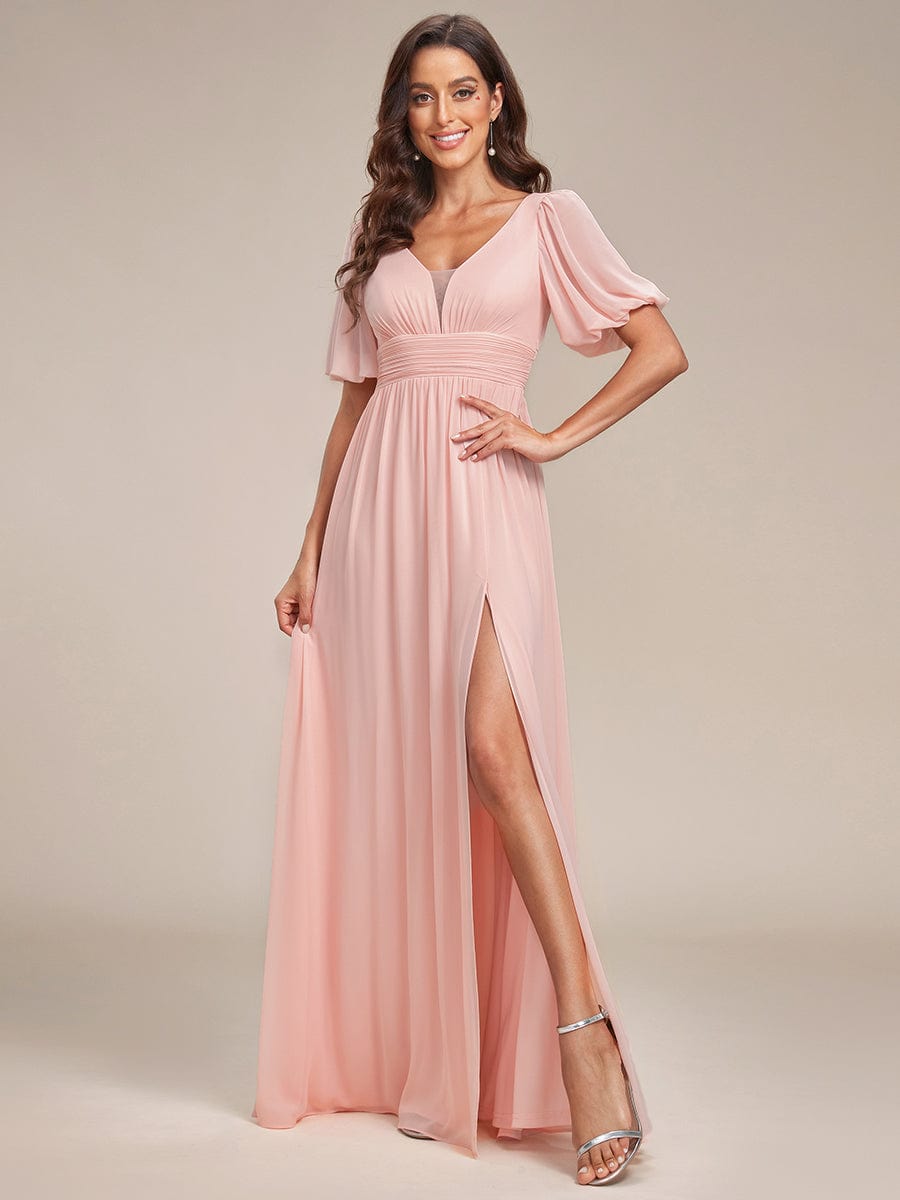 Short Sleeve V-Neck Front Slit Chiffon Evening Dress #Color_Pink
