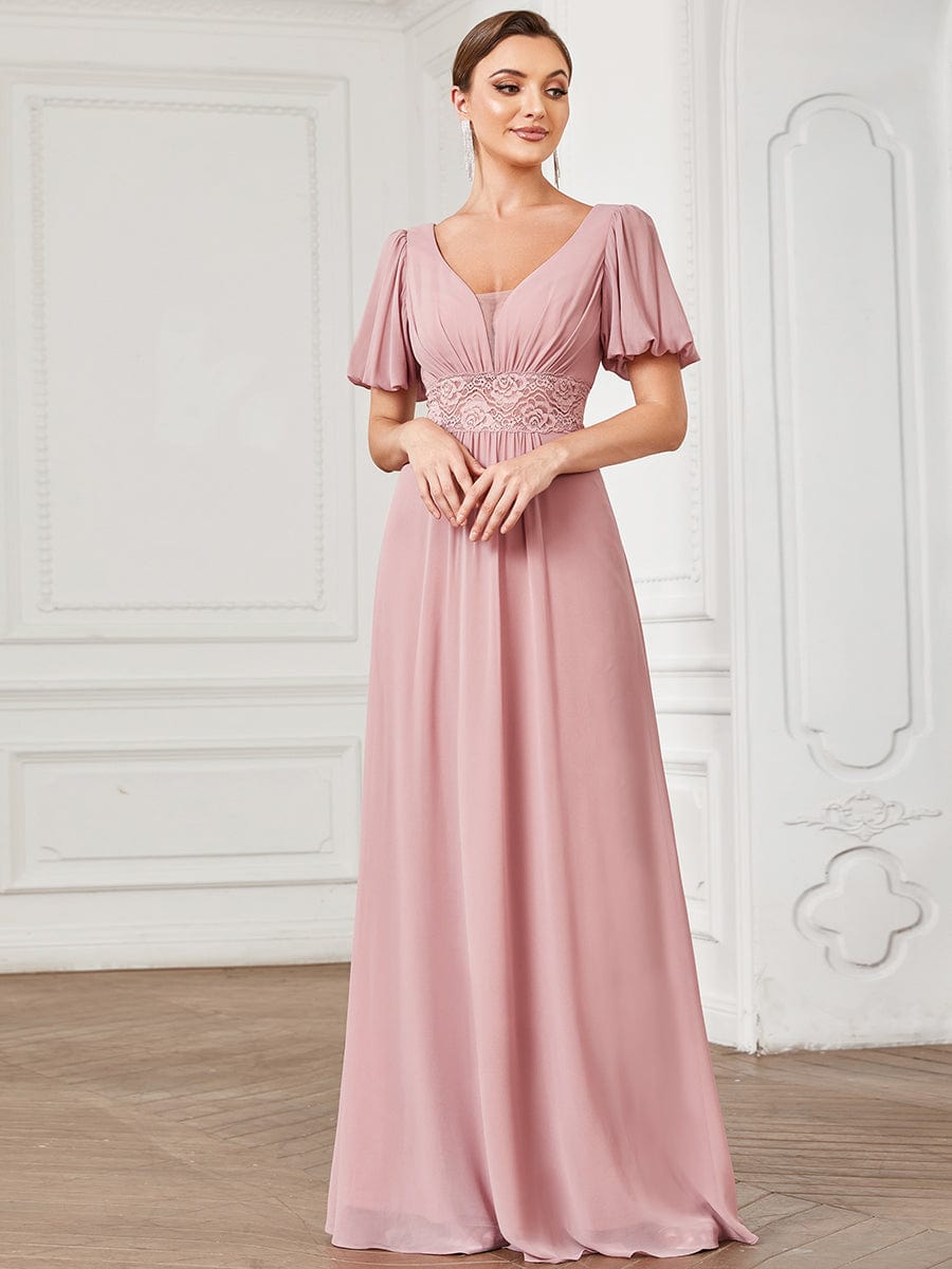 Short Sleeve Illusion V-Neck Lace A-Line Chiffon Evening Dress #Color_Dusty Rose