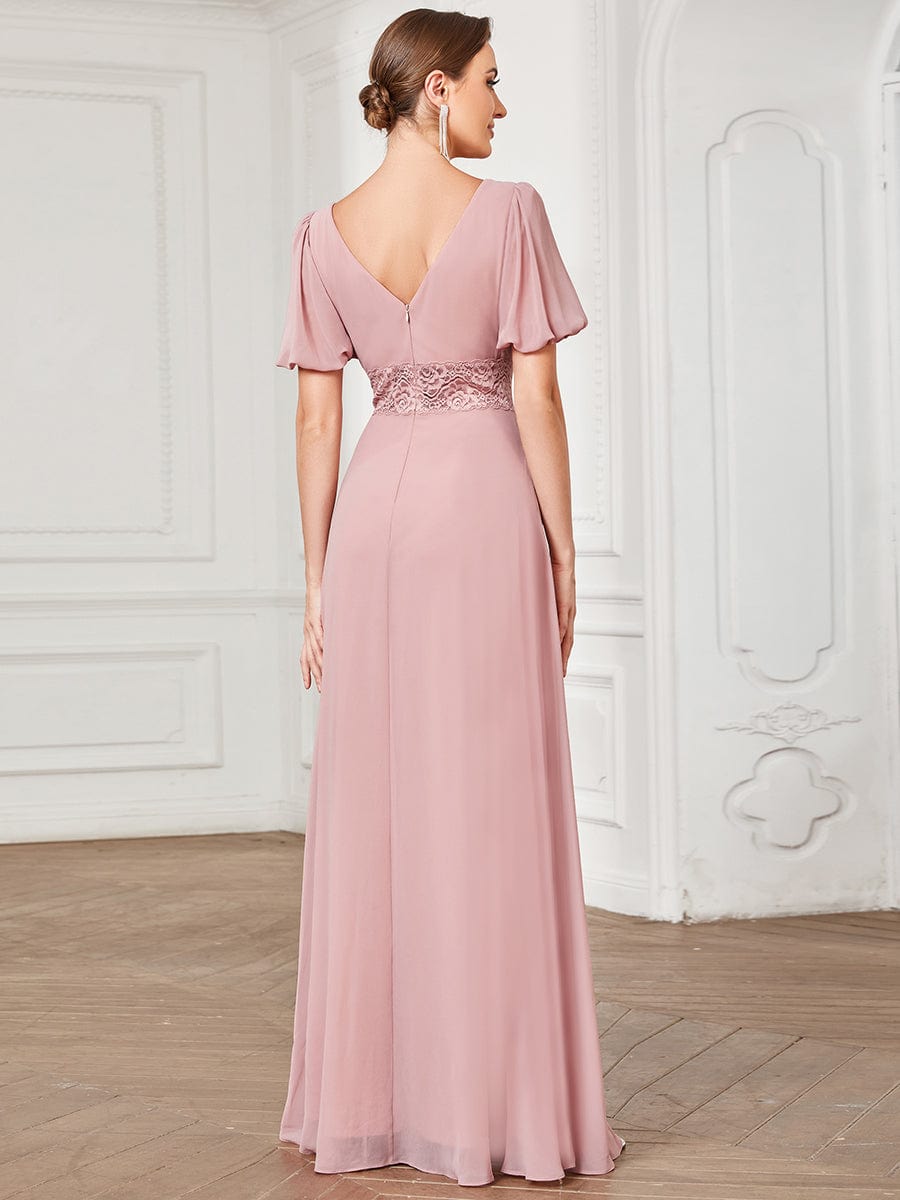 Short Sleeve Illusion V-Neck Lace A-Line Chiffon Evening Dress